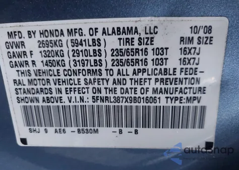 2009 Honda Odyssey Ex-L from USA, damaged, VIN 5FNRL387X9B016061